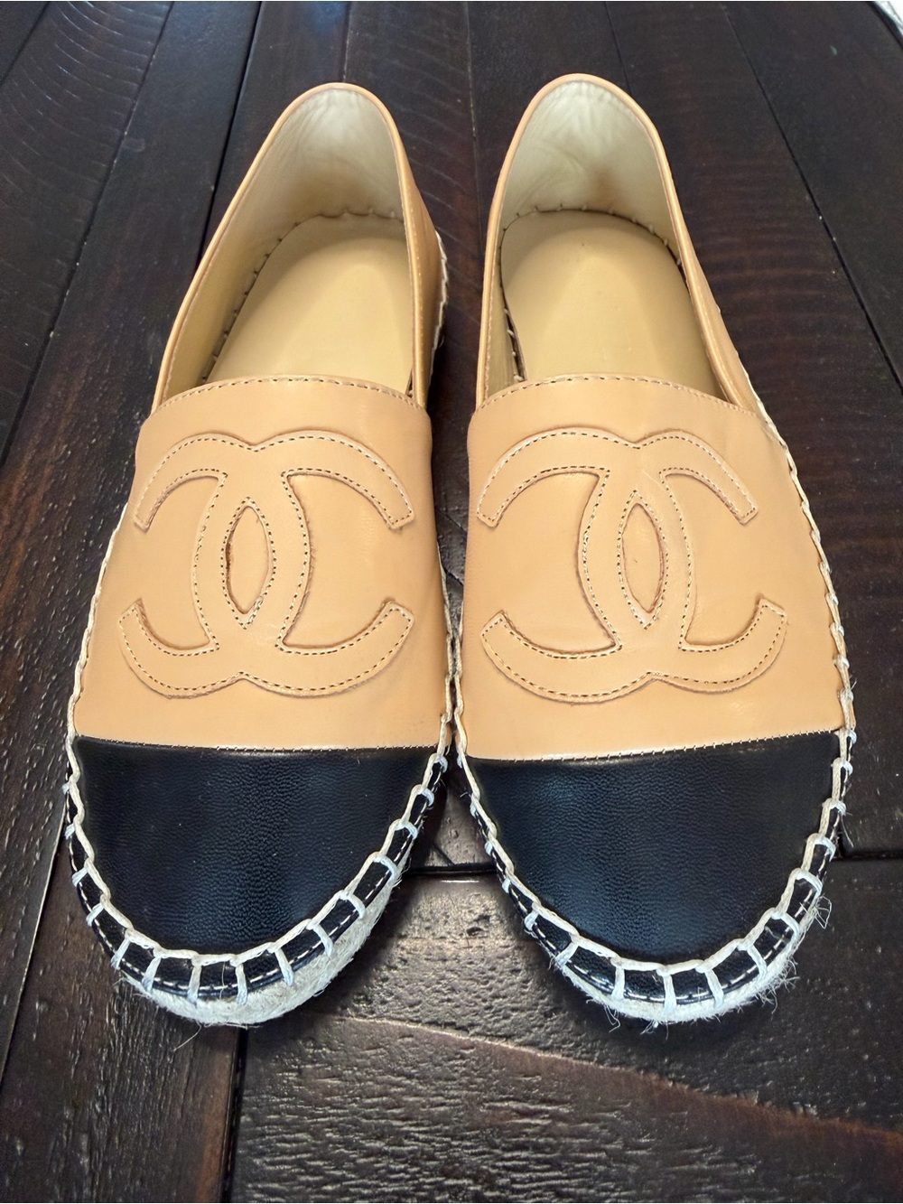 Authentic CHANEL Two-Tone Leather Espadrilles in Beige and Black 38